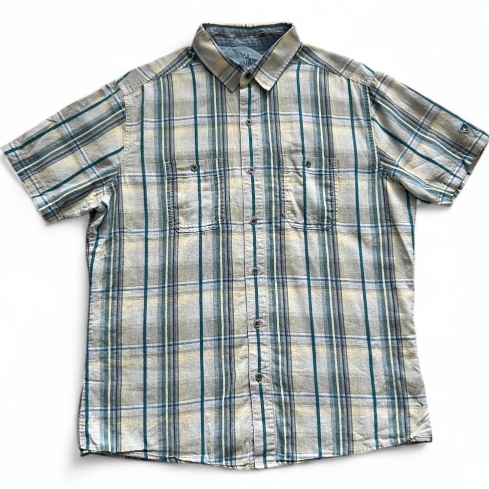 Kuhl Shirt Mens Large Blue Plaid Linen Cotton Short Sleeve Lightweight Outdoor